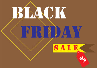 Black Friday Sale Banner with Red Percentage Tag, Yellow Ribbon on Brown Background