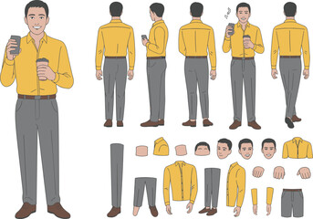 Smiling man character illustration set holding coffee cup, casual office worker with different poses and expressions, vector design template