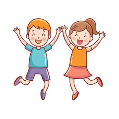 Two happy cartoon children jumping in the air with their arms outstretched.
