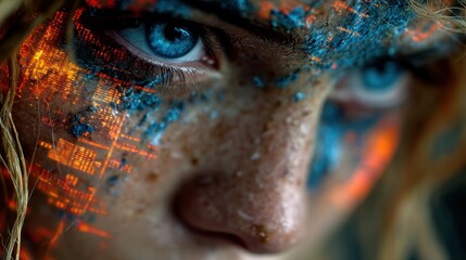 Intriguing close-up of a person's eye, with digital overlay and vibrant colors blending