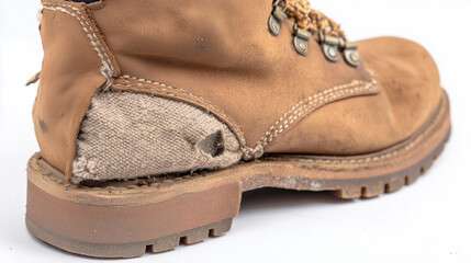 heel. Close-up of a worn leather hiking boot heel showing inner material and texture. lifestyle magazines, social media lookbooks, designed for lifestyle magazines and social media content.