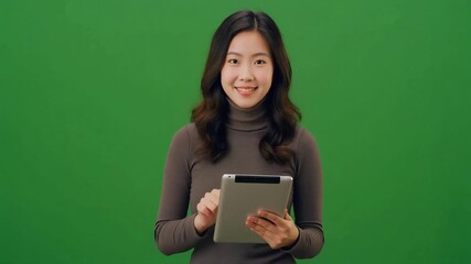Happy young Asian professional holding a generic tablet computer, smiling confidently at the camera against a chroma key background