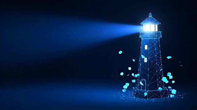 Abstract digital lighthouse illuminated beam against dark background