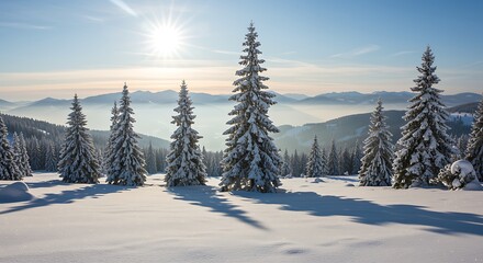 Snowy evergreen trees mountain landscape winter