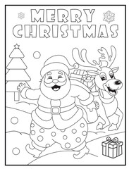 Christmas Coloring Page for Kids. Santa and Reindeer Delivering Gifts in Pajamas, Perfect for a Humorous Christmas Holiday Activity and Funny Printables, Featuring Cheerful Cartoon Characters.