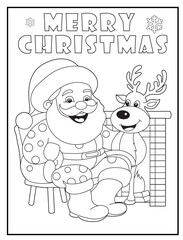 Santa and Reindeer in Pajamas Coloring Page with Fireplace, Ideal for Cozy Christmas Eve and Holiday Family Activity, Featuring Cheerful Cartoon Characters with 