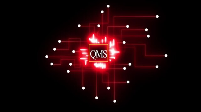 Red glowing circuit board with QMS logo on black background technology network
