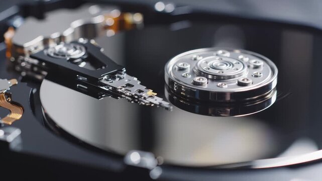 Close Up of Hard Disk Drive Internal Components, Head Moving on Platter