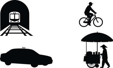 Urban transportation silhouettes vector, train tunnel, bicycle rider, taxi car, street vendor cart with umbrella, city mobility icons, black simple design