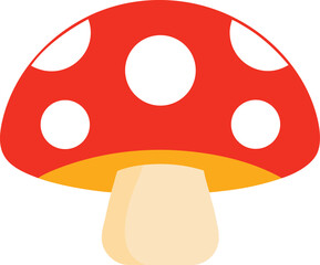 Illustration of a mushroom with a bright red cap, featuring large white spots. The background is plain white, giving a clean and whimsical appearance.