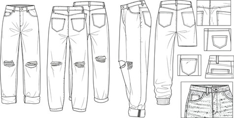 Line art illustration showcasing various views of ripped jeans with pocket details and cuffed hems