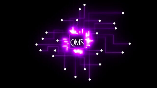Purple glowing circuit board with QMS logo on black background technology network