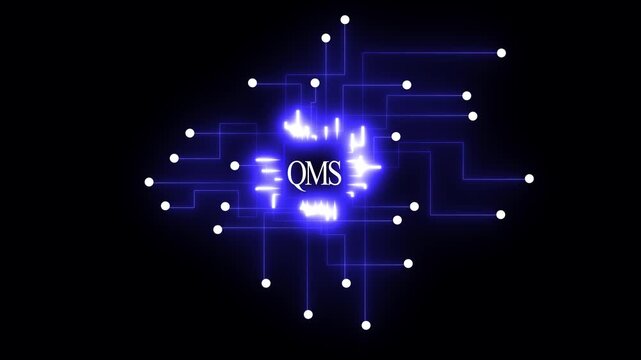 Blue glowing circuit board with QMS logo on black background technology network