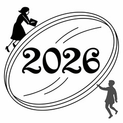 Two Silhouettes Interacting with a Large Oval Containing the Year 2026 new year future