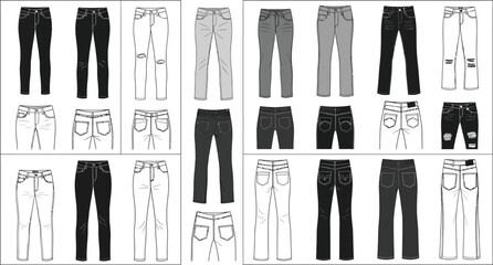 Various styles of jeans in black white and gray displayed in a pattern for fashion design purposes
