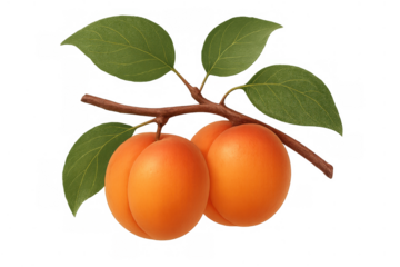 Ripe apricots hanging from branch with green leaves, healthy organic summer fruit on transparent background