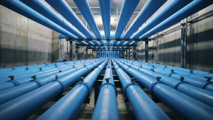 Blue pipes tunnel in industrial facility, providing water supply, infrastructure design abstract - Powered by Adobe
