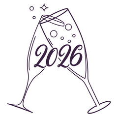 Two champagne glasses toasting with year 2026 and bubbles new year celebration