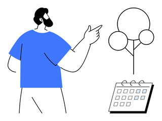 Bearded man in blue shirt pointing at a conceptual tree and calendar. Ideal for planning, goal setting, ecology, future vision, collaboration, creative thinking, project management. Simple flat