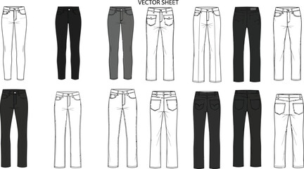 Vector sheet showcasing various styles and colors of pants including jeans and other casual trousers