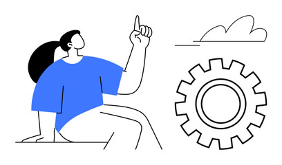 Woman seated and pointing upward, gear representing process or technology, cloud symbolizing creativity or thinking. Ideal for teamwork, productivity, innovation, solutions, planning, brainstorming