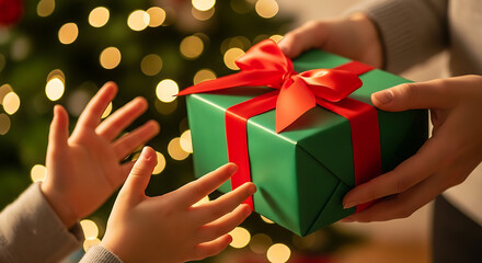 Joyful moment of a person giving a beautifully wrapped Christmas gift to a child, celebrating holiday generosity and love