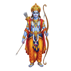 Rama oil painting, blue-skinned god with bow and arrow in royal attire, Ramayana hero art, white background, Ram ji kala, राम जी कला