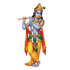 Krishna playing flute, blue-skinned god playing flute wearing peacock feather crown and yellow dhoti, divine Hindu art, white background, Krishna ji kala, कृष्ण जी कला