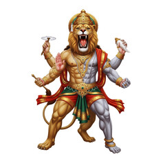 Narasimha, half lion half human Vishnu avatar in roaring powerful pose, divine Hindu god art, white background, Narasimha dev kala, नरसिंह देव कला