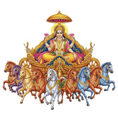 Lord Surya oil painting, sun god with golden aura riding chariot of seven horses, radiant Hindu deity, white background, Surya dev kala, सूर्य देव कला