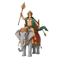 Lord Indra, king of gods with Vajra, riding white elephant Airavata, divine deity art, white background, Indra dev kala, इन्द्र देव कला