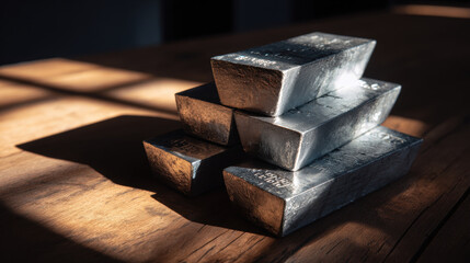 Silver bar stack on wooden surface with warm sunlight casting shadows, metallic texture and industrial feel in artistic still life composition