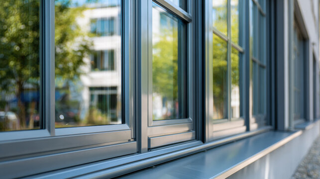 Aluminum window frame with reflective glass panels showing blurred outdoor greenery and building reflections in daylight