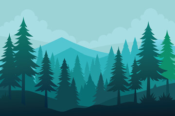 Fototapeta premium Illustrated forest scene with layered silhouettes of pine trees and distant mountains. The cool blue and green tones create a calm and serene atmosphere.