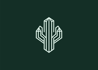 A clean cactus logo in minimal line style, representing endurance, resilience, and natural beauty, drawn with smooth outlines in a balanced geometric vector form