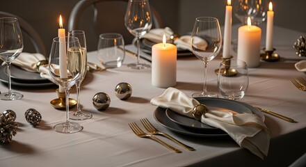 Elegant dining table set with candles and festive decorations.