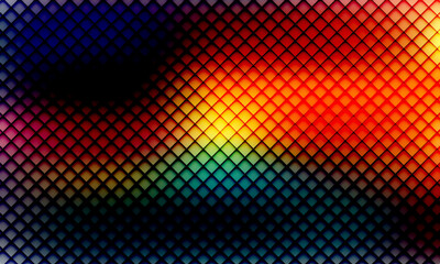 Abstract glass ripple texture pattern halftone symmetry with dark gradient background and vivid orange, blue, and lilac light streaks. Futuristic, moody abstract glow, reeded rectangle blur. Vector