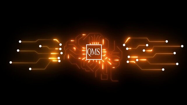Glowing orange circuit board with QMS logo on black background Keywords: circuit board, technology, QMS, quality management system, digital, electronic, network, connection, data, innovation