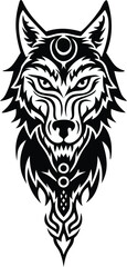 Stylized black wolf face tattoo on a white background, with intricate tribal patterns and a crescent moon on the forehead symbolizing mystery.