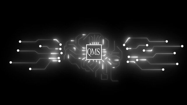 White glowing circuit board with QMS logo on black background Keywords: circuit board, technology, QMS, quality management system, digital, electronic, network, connection, data, innovation