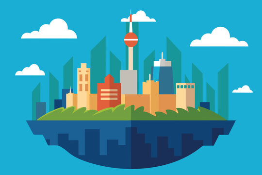 Flat design of a floating city with diverse buildings on a grassy island. Surrounded by a blue sky and white clouds, conveying a whimsical and modern tone.
