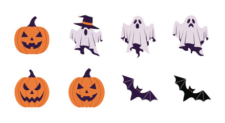 Fototapeta premium Vibrant Halloween Icons Jack o Lanterns Ghosts and Bats for Spooky Season Graphics Decorations