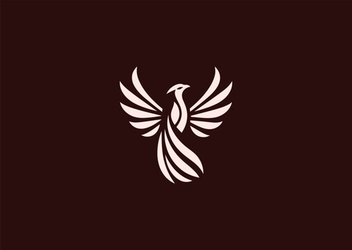 A stylized phoenix logo in fine line art, depicting rising wings and rebirth energy, combining symmetry and flow for a creative modern vector illustration concept