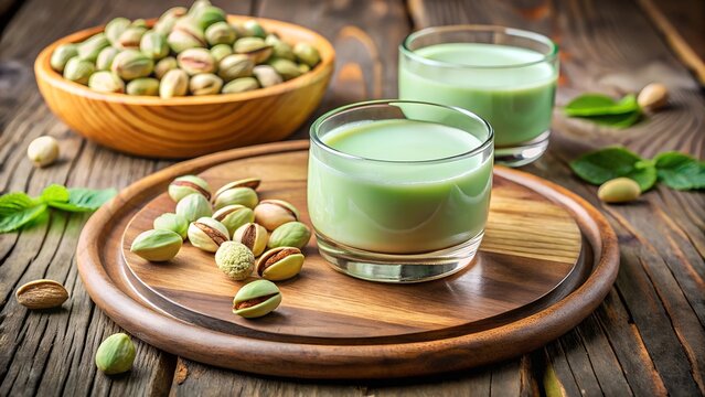 Delicious creamy green pistachio milk served in two glasses with shelled and unshelled pistachios in a wooden bowl and on a wooden board