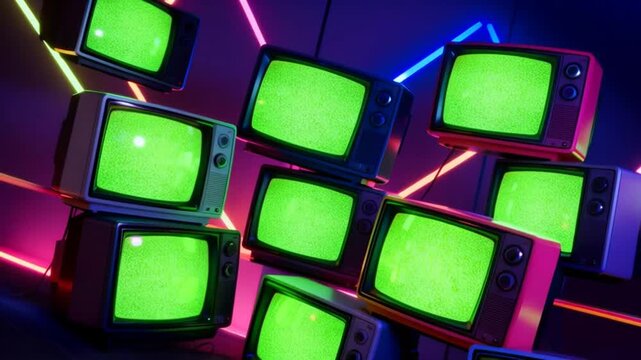 A creative abstract arrangement of multiple glowing television green screens set against a bright, perfect for world television day