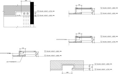 2D Drawing Section and Ceiling Detail Showing Hidden Lighting for Electrical and Ceiling Plan Design