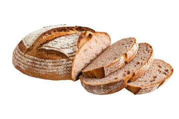 sourdough bread loaf with slices on white background