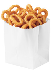 onion rings in a white paper bag on white background.