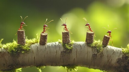 Five ants stand on wood stumps along a branch in a green natural environment