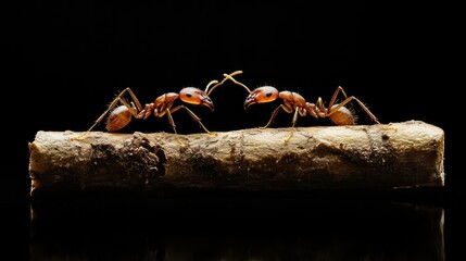 Two ants facing each other on a twig against black background. Use in biology